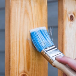 Blue paintbrush applying fence stain to a wooden privacy fence.