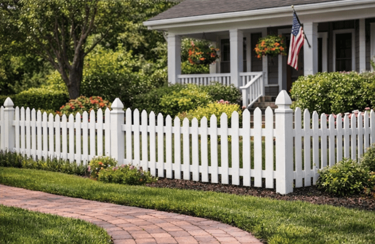 Picket Fences Built with Care, Craftsmanship & Classic Curb Appeal - Roark Fencing White picket fence in front yard of home.