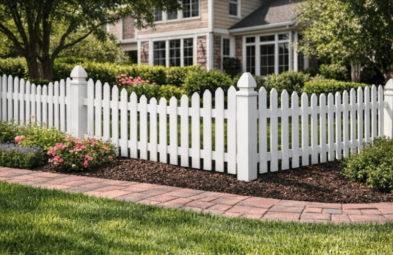 Picket Fences Built with Care, Craftsmanship & Classic Curb Appeal - Roark Fencing White picket fence installed at the corner of a front yard with house in background.