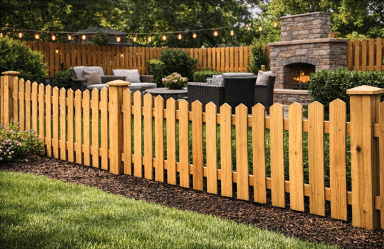 Picket Fences Built with Care, Craftsmanship & Classic Curb Appeal - Roark Fencing Cedar picket fence surrounding a back yard seating area with fireplace